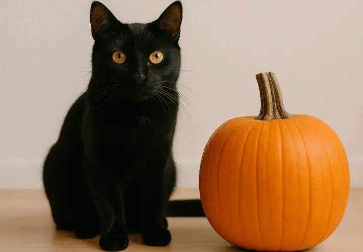 A black cat with bright orange eyes sits next to a pumpkin. Is pumpkin good for cats? This feline seems curious about the autumn gourd.