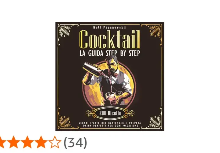 Copertina libro "Cocktail: La Guida Step by Step" di Matt Paganowskij, con un bartender che versa un drink. Contiene una lista di 200 ricette di drink alcolici.
