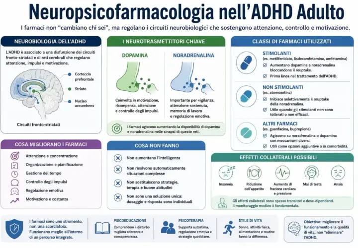 Grafico sull'ADHD adulto: neurobiologia, neurotrasmettitori, farmaci e terapie. Utile per chi ha un **adhd qi alto** e cerca soluzioni.