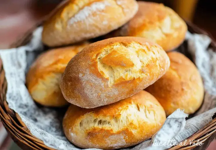 Cesto pieno di panini fatti in casa, dorati e fragranti, pronti per essere gustati.