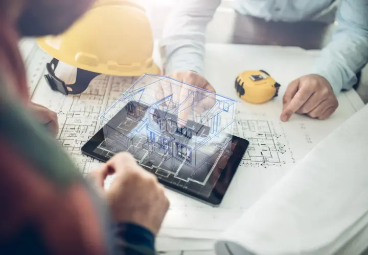 Architekci analizują projekt domu 3D na tablecie, plany i żółty kask.