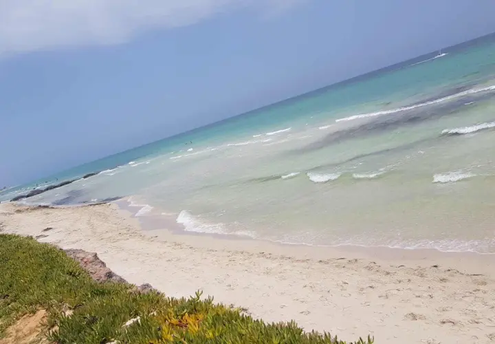 Piękne djerba plaże z turkusową wodą i białym piaskiem. W oddali widać kilka osób kąpiących się w morzu.