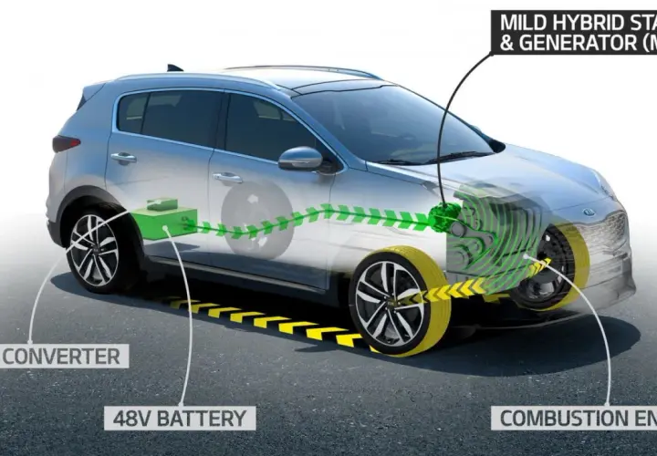 Schema di un'auto ibrida diesel con motore a combustione, batteria 48V, convertitore DC/DC e sistema Mild Hybrid Starter & Generator.