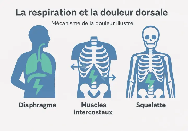 Illustration du diaphragme, des muscles intercostaux et du squelette, montrant le lien entre la respiration et la douleur dorsale. La respiration consciente bienfaits.