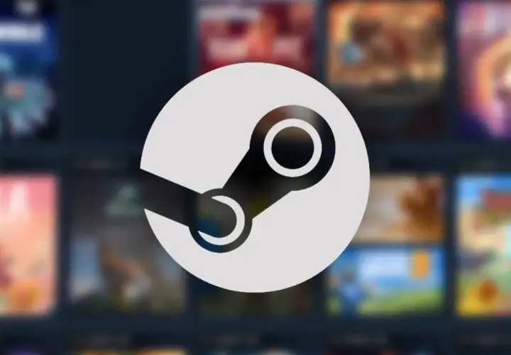 Logo Steam na tle rozmytych okładek gier.