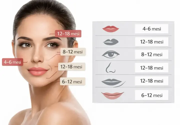 Volto di donna con indicazioni temporali per trattamenti estetici volti a togliere le rughe.