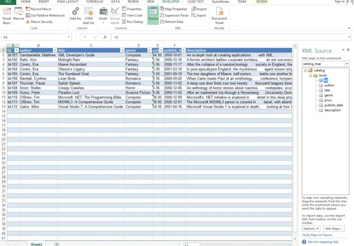 Arkusz kalkulacyjny Excel z danymi i panelem źródła XML.