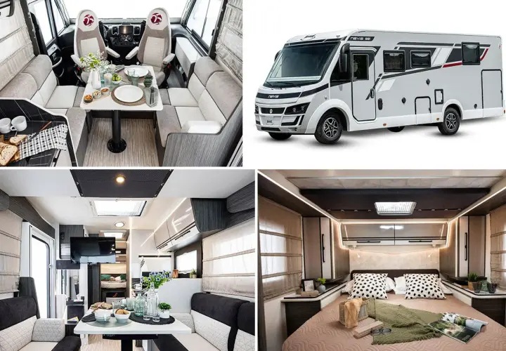 Intérieur d'un camping-car moderne : salon face à face, cuisine, chambre douillette. Un espace de vie confortable pour vos voyages.