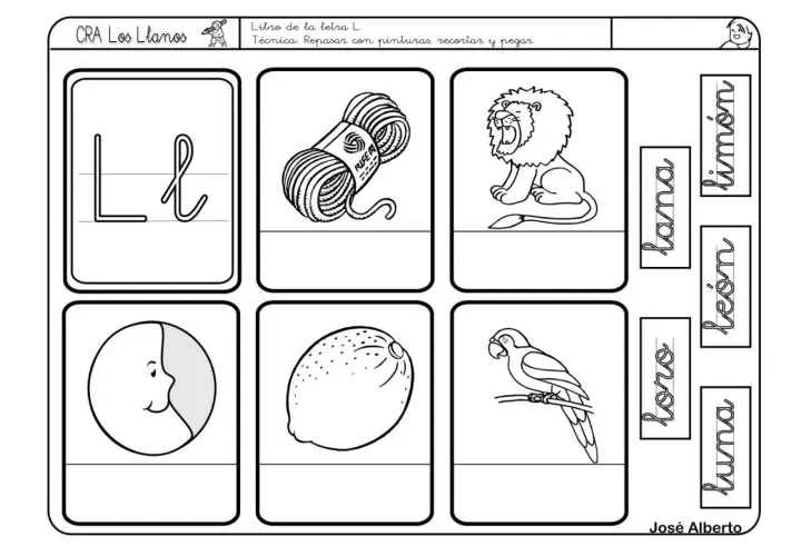 Ficha para practicar la letra L. Muestra la letra L, lana, león, loro, luna, limón y una cara.
