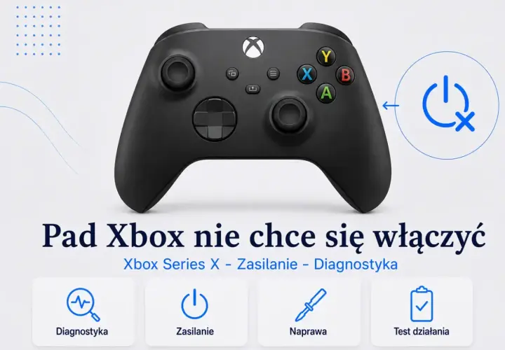 Czarny pad Xbox Series X nie chce się włączyć. Ikony sugerują diagnostykę, zasilanie, naprawę i test działania.