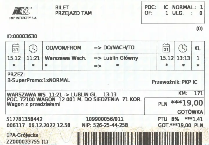 Bilet PKP Intercity: seria 517781358442, numer 006117. Podróż z Warszawy Wsch. do Lublina Głównego.