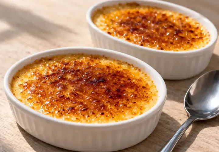 Deux ramequins de crème brûlée, leur croûte caramélisée dorée et craquante, prêts à être dégustés. La cuisson est parfaite.