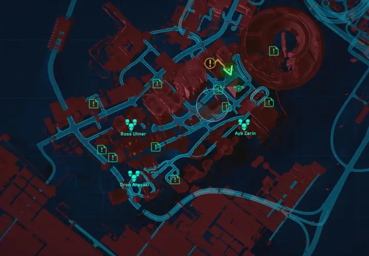 Mapa z gry Cyberpunk 2077 z zaznaczonymi celami misji i trofeami. Widoczne ikony wskazują lokalizacje przeciwników i zadań.