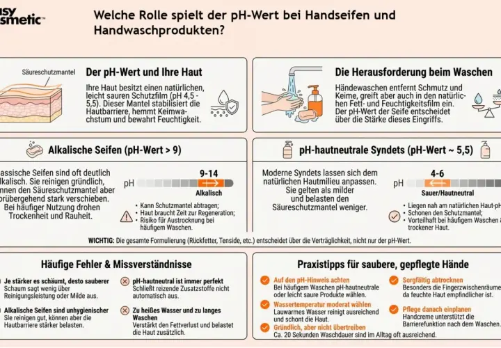 Die Grafik erklärt die Rolle des pH-Werts bei Handseifen. Sie zeigt, wie alkalische Seifen den Säureschutzmantel der Haut belasten können, während pH-hautneutrale Produkte schonender sind.