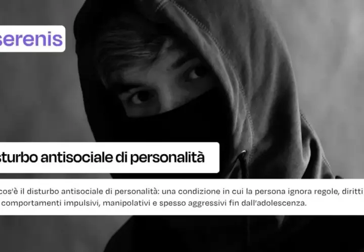 Volto di giovane con cappuccio, occhi penetranti. Testo: "Disturbo antisociale di personalità". Esempi di comportamenti antisociali: impulsività, manipolazione, aggressività.