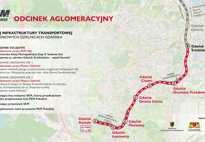 Mapa pokazuje przebieg nowej linii kolejowej PKM Południe w Gdańsku, łączącej dzielnice z centrum.
