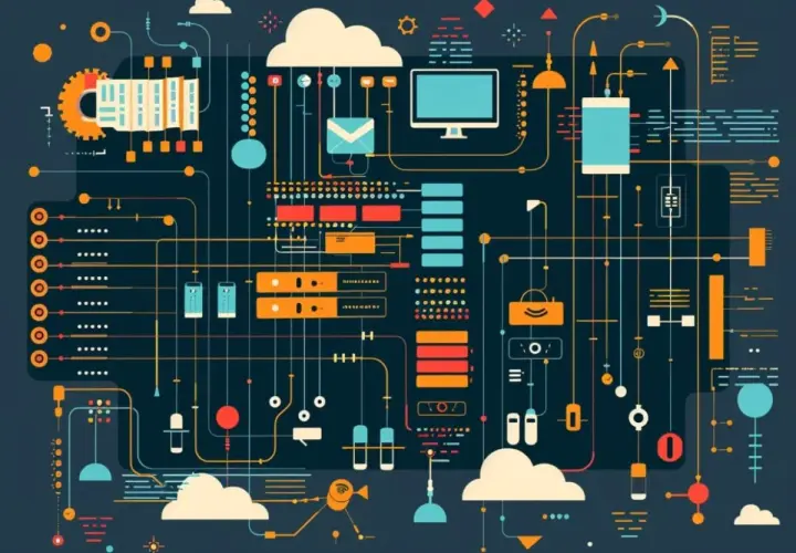 Schéma complexe de systèmes connectés, rappelant un code YAML exemple. Nuages, écrans, engrenages et flux de données.