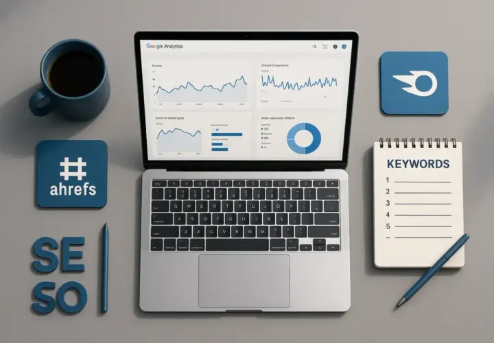 En sem specialist arbetar med en laptop som visar Google Analytics, en kaffekopp, Ahrefs-loggan och en lista med nyckelord.