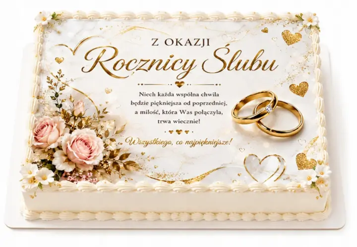 Elegancki tort na 1 rocznicę ślubu z różami, złotymi sercami i obrączkami. Życzenia "Wszystkiego, co najpiękniejsze!".