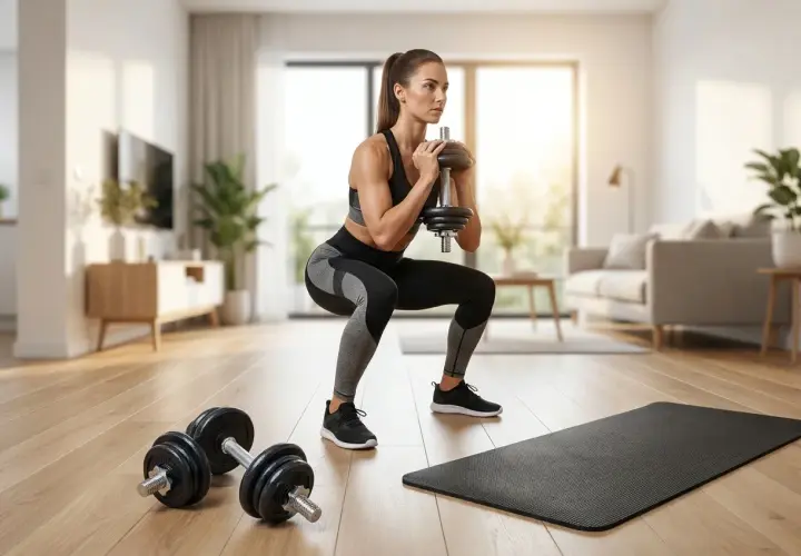 Kobieta wykonuje przysiad z hantlem, realizując swój plan treningowy push pull legs. Obok leżą hantle i mata.
