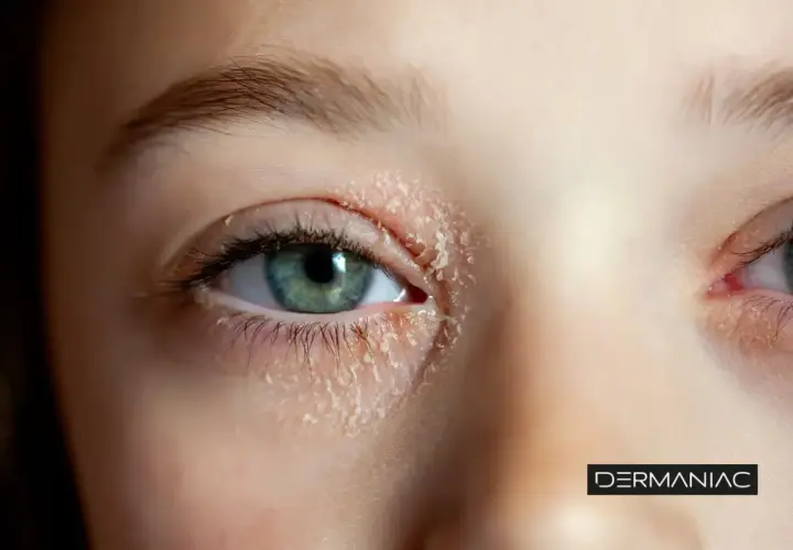 Ojo con eczema cara, piel seca y escamosa alrededor del párpado.