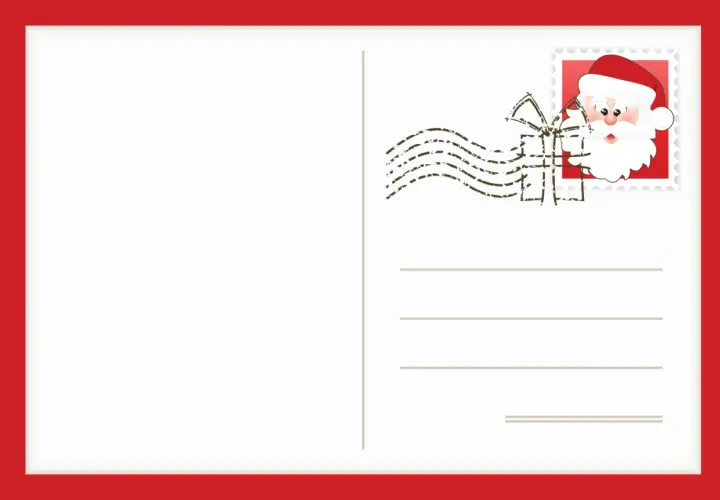 Postal blanca con borde rojo, lista para tu carta para colorear de Papá Noel. Sello con su cara y matasellos de regalo.