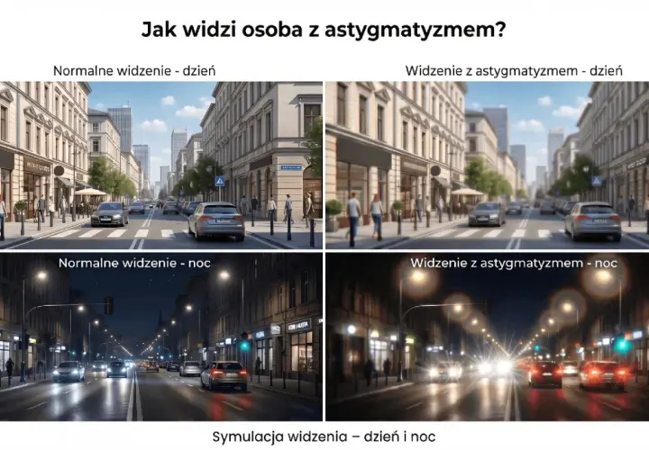 Symulacja widzenia ulicy w dzień i w nocy: normalne vs. astygmatyzm.
