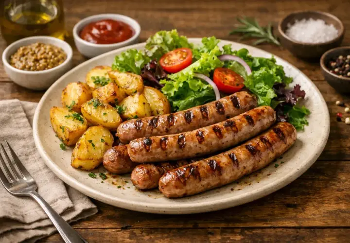 Assiette de chipolatas d'origine française grillées, accompagnées de pommes de terre rôties et d'une salade fraîche.