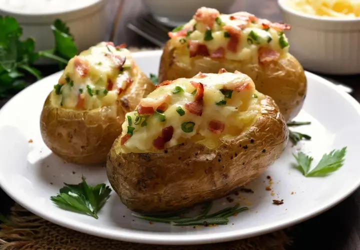 Patate ripiene al forno, dorate e croccanti, con un ripieno cremoso di formaggio, pancetta e erbe aromatiche.