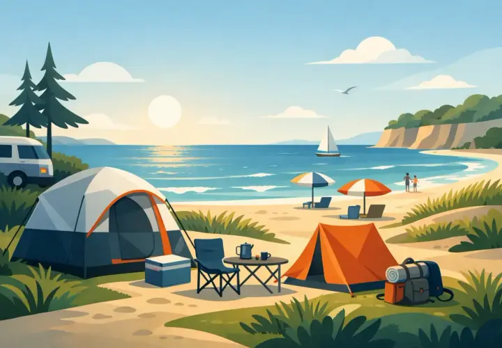 Idealny camping nad morzem Polska: namioty, kamper, plaża, słońce i żaglówka na horyzoncie.