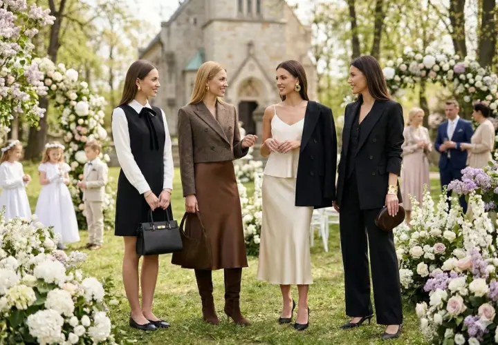 Eleganckie kobiety w czerni i beżu rozmawiają przy kościele. Czy na komunie można ubrac sie na czarno? Tak, jeśli jest to stylizacja z klasą.