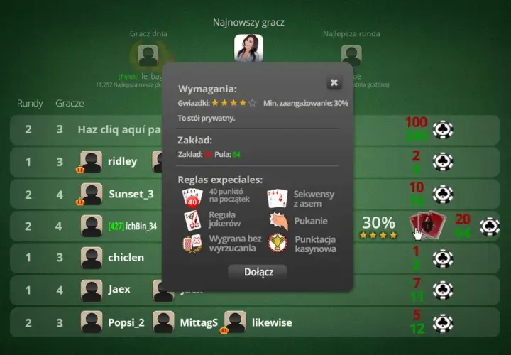 Gra w pokera online. Na ekranie widać okno z zasadami gry, w tym figury w kartach, takie jak sekwensy czy jokery.