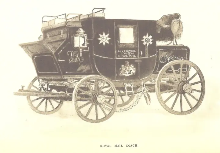 Ilustracja dyliżansu pocztowego z napisem "Royal Mail Coach".