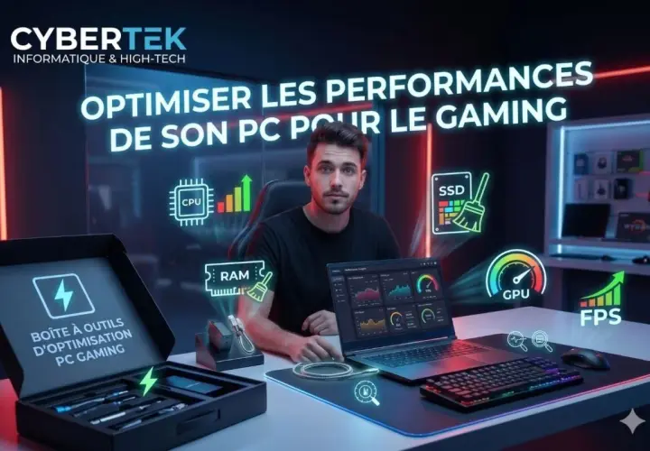 Un homme optimise son PC gaming pour de meilleures performances. L'image montre des icônes de CPU, RAM, SSD, GPU et FPS.