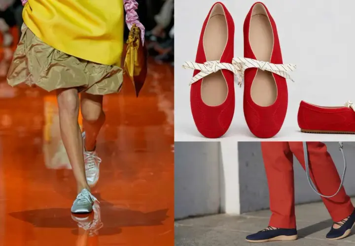 Czerwone baleriny z kokardką i granatowe buty na płaskiej podeszwie. Modelka na wybiegu w srebrnych butach sportowych.