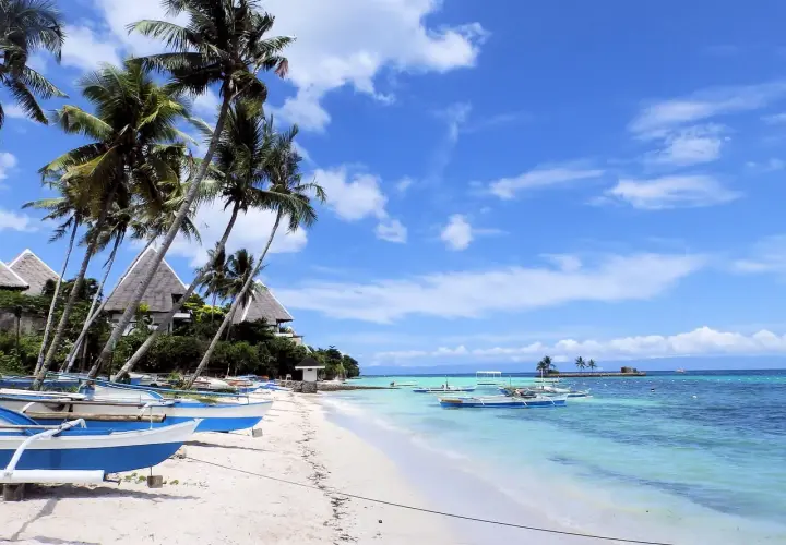 Rajska plaża na Cebu: palmy, biały piasek, łodzie i turkusowa woda. Idealne miejsce, by zobaczyć, jak wygląda prawdziwy tropikalny raj.