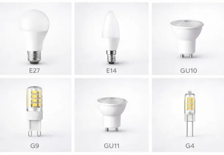 Różne rodzaje żarówek LED z gwintami E27, E14, GU10, G9, GU11, G4.