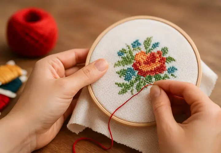 Mains tenant un tambour à broder, créant une **broderie sur textile** florale. Fil rouge et pelotes de laine à proximité.