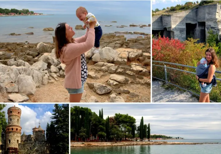 Chorwacja z niemowlakiem: mama z dzieckiem na plaży, przy skalnych klifach i nad morzem.