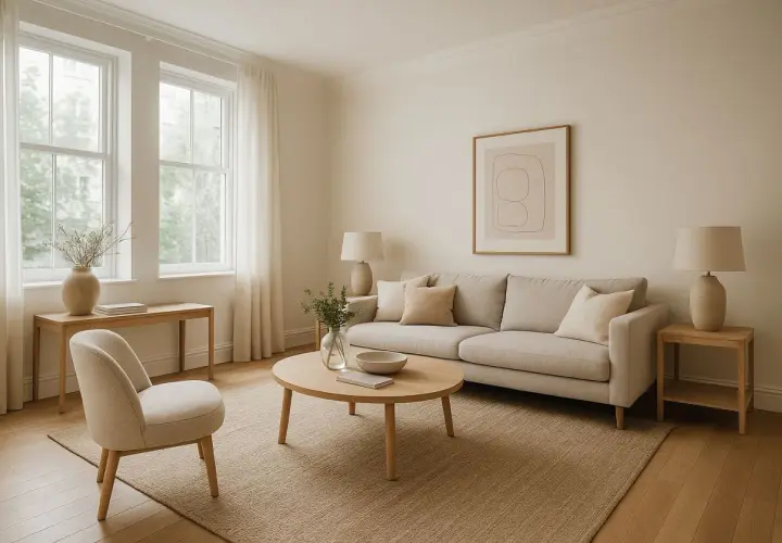 Salon lumineux et aéré, parfait pour un home staging maison. Canapé beige, table basse ronde en bois, fauteuil cosy et tableaux abstraits.