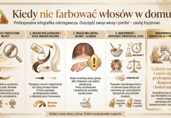Infografika pokazuje, kiedy unikać samodzielnego farbowania włosów. Zniszczone włosy, mocne rozjaśnianie, wrażliwa skóra głowy i niepewność co do oksydantu to sygnały, by wybrać bezpieczne farby do włosów w salonie.
