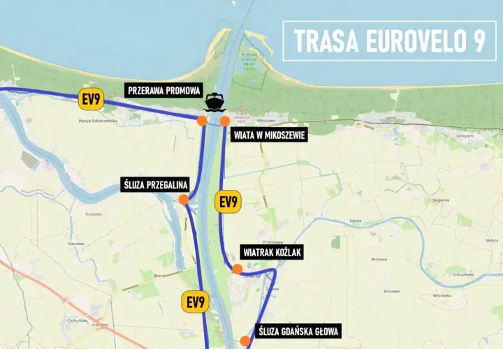 Mapa szlaku rowerowego EuroVelo 9 z zaznaczonymi śluzami, promem i wiatrakiem.