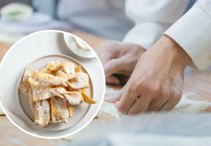 Chrupiące faworki posypane cukrem pudrem – tak można wykorzystać ciasto na pierogi.