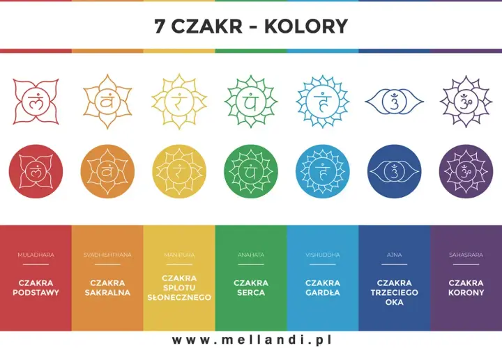 Siedem czakr i ich kolory: od czerwonej czakry podstawy po fioletową czakrę korony. Wizualizacja symboli i nazw.