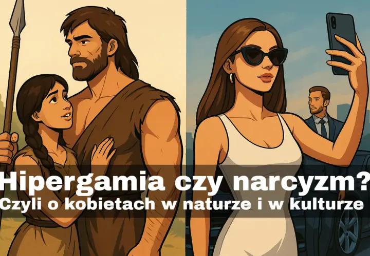 Hipergamia co to? Obraz zestawia prehistoryczną parę z nowoczesną kobietą robiącą selfie, sugerując ewolucję zachowań.