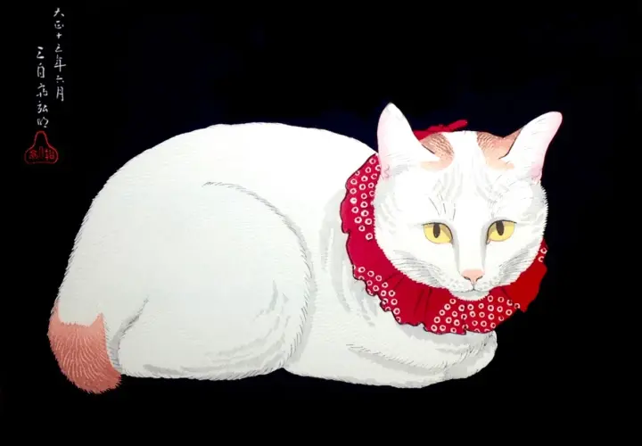 Un chat blanc aux yeux jaunes, paré d'un collier rouge orné de cercles blancs, est une œuvre d'art captivante. Ce tableau de chats dans l'art, aux teintes vives sur fond noir, évoque une présence élégante.