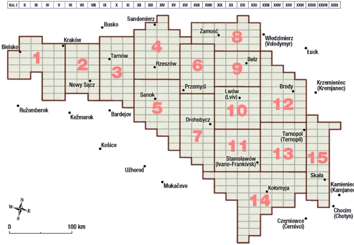 Mapa historyczna Galicji z zaznaczonymi regionami i miastami, m.in. Lwów, Tarnopol, Stanisławów.