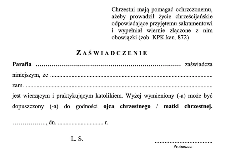 Zaświadczenie o byciu wierzącym katolikiem, potrzebne do godności ojca chrzestnego. Czy za zaświadczenie do chrztu się płaci? Dokument nie zawiera informacji o opłatach.