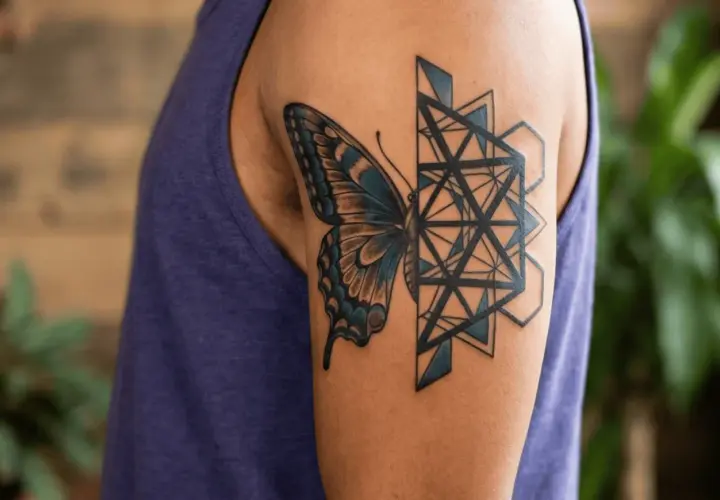 Tatuaż motyl meski na ramieniu, łączący delikatność natury z geometryczną precyzją.