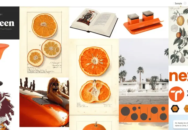 Moodboard mode : orange, de la décoration aux agrumes, en passant par des illustrations botaniques et une voiture vintage.